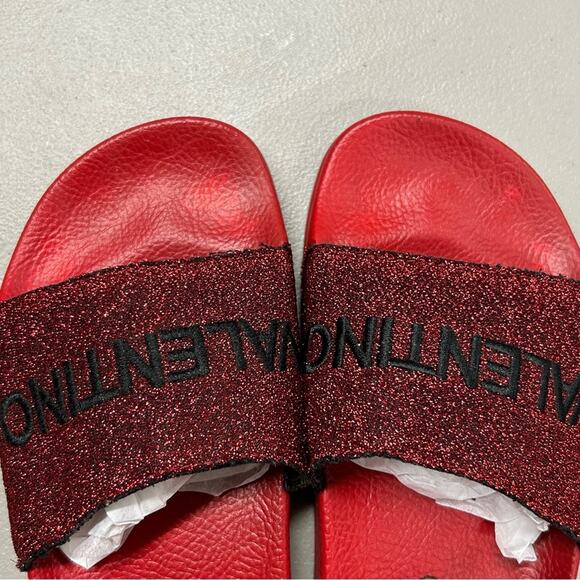 Valentino Red Slides Sparkle Metallic Logo Name Top Sandals Made in Italy Sz 37 - Picture 4 of 7